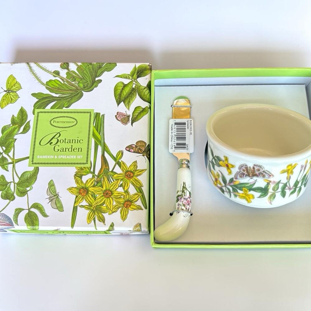 Portmeirion Botanic Garden Ramekin & Spreader Set NIB Butter Dish Bowl w Knife